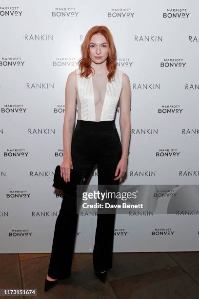 Eleanor Tomlinson attends the launch of "Loyalty & Love", an exhibition of photographs by Rankin shot in Marriott Bonvoy Hotels across Europe, at the...