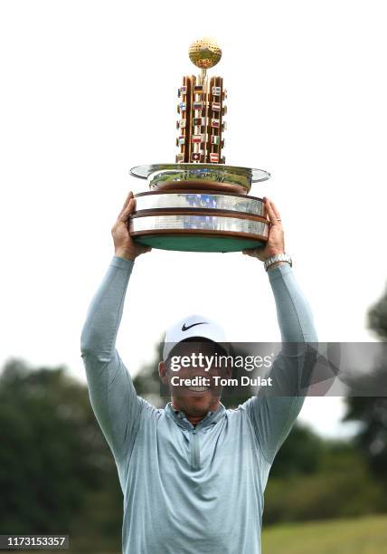 Paul Casey of England celebrates with the trophy following Day 4 of the Porsche European Open at Green Eagle Golf Course on September 08, 2019 in...