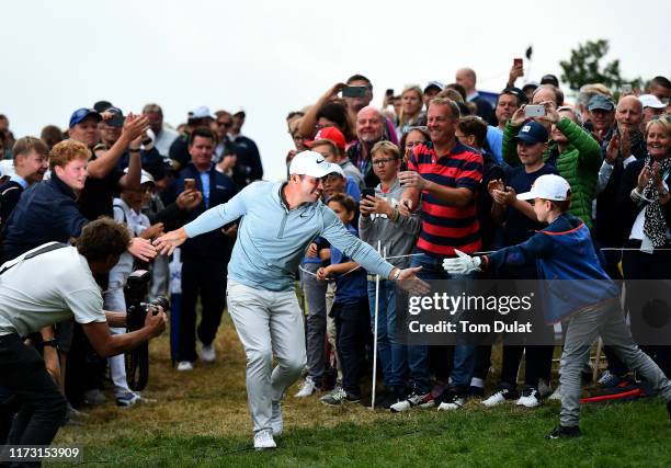 Paul Casey of England celebrates following Day 4 of the Porsche European Open at Green Eagle Golf Course on September 08, 2019 in Hamburg, Germany.