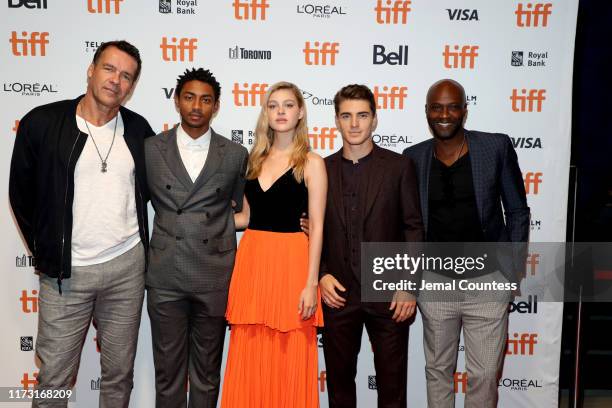 David James Elliott, Steven Silver, Nicola Peltz, Spencer Neville and Sammi Rotibi attend "The Obituary Of Tunde Johnson" photo call during the 2019...