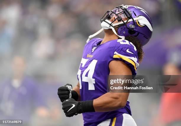 Middle linebacker Eric Kendricks of the Minnesota Vikings takes the field against the Atlanta Falconsin the game at U.S. Bank Stadium on September...