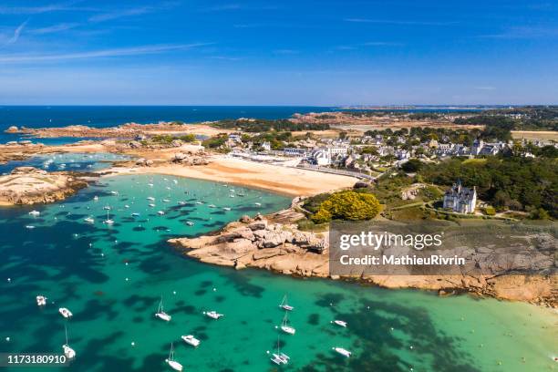 france from the sky : bretagne, tregastel and the amazing "cote de granite rose" - brittany france stock pictures, royalty-free photos & images