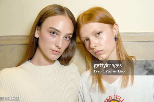 Models pose backstage before the Staud runway show with makeup by Maybelline during New York Fashion Week: The Shows at Spring Studios on September...
