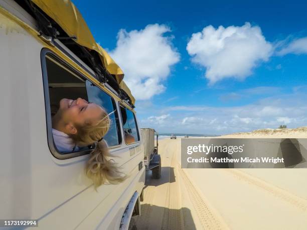 a girl sticks her head out the window as she drives down the beach. - queensland people stock pictures, royalty-free photos & images
