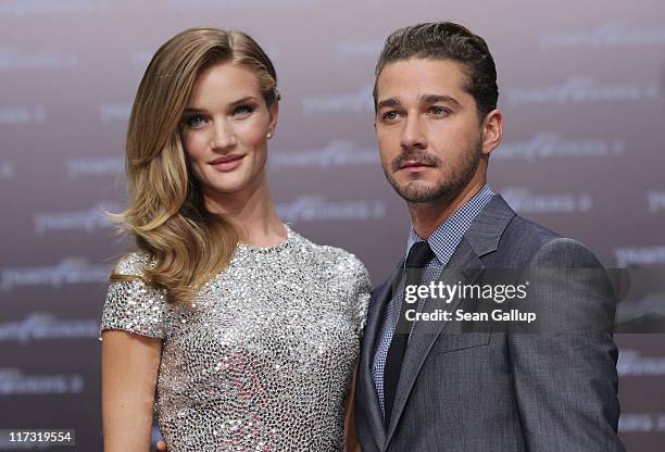 Actress Rosie Huntington-Whiteley and actor Shia LaBeouf attend the "Transformers 3" European premiere on June 25, 2011 in Berlin, Germany.
