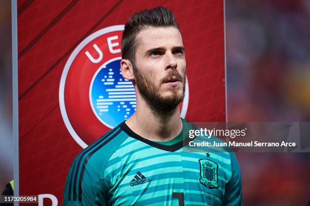 David De Gea of Spain looks on during the UEFA Euro 2020 qualifier match between Spain and Faroe Islands at Estadio Municipal El Molinon on September...