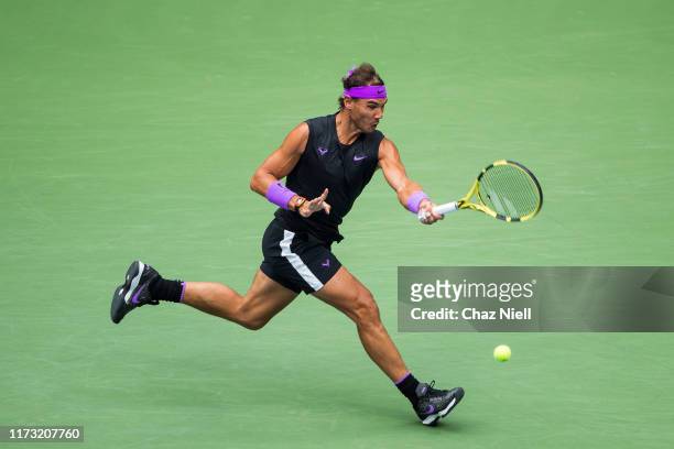 Rafael Nadal of Spain returns a shot during his Men's Singles final match against Danill Medvedev of Russia on day fourteen of the 2019 US Open at...