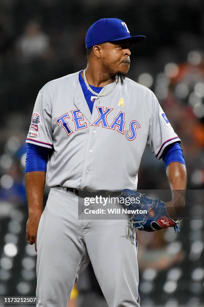 Edinson Volquez of the Texas Rangers pitches during the game against the Baltimore Orioles at Oriole Park at Camden Yards on September 7, 2019 in...