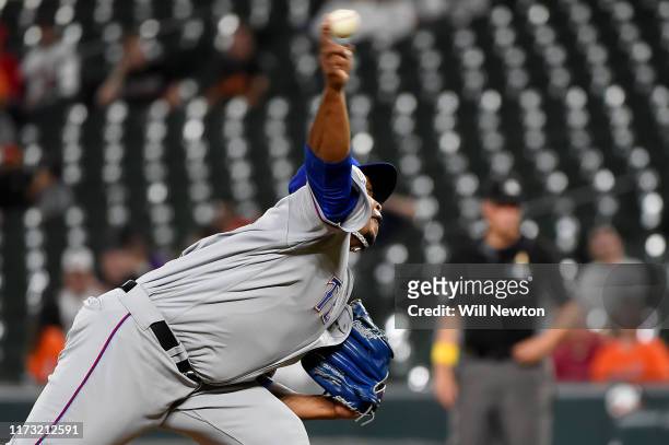 Edinson Volquez of the Texas Rangers pitches during the game against the Baltimore Orioles at Oriole Park at Camden Yards on September 7, 2019 in...