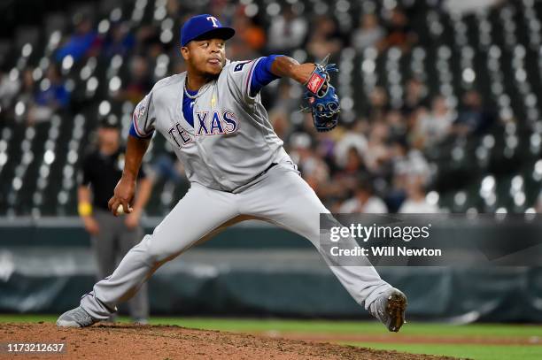 Edinson Volquez of the Texas Rangers pitches during the game against the Baltimore Orioles at Oriole Park at Camden Yards on September 7, 2019 in...