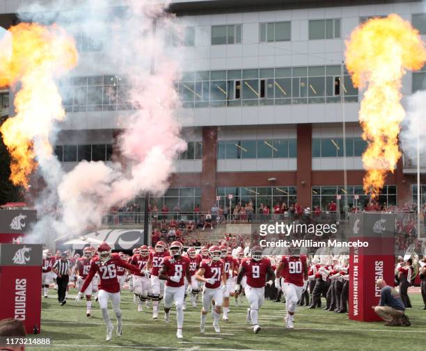 The Washington State Cougars take the field prior to the start against the Northern Colorado Bears at Martin Stadium on September 07, 2019 in...