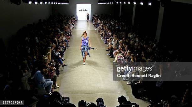 Model Veronica Webb walks the runway during Nicole Miller New York Fashion Week: The Shows at Gallery II I at Spring Studios on September 08, 2019 in...