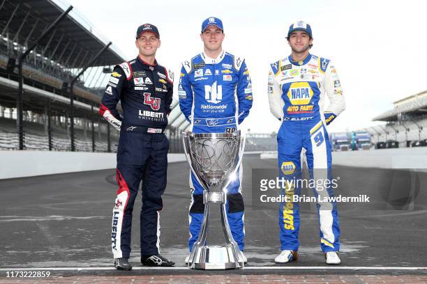 William Byron, driver of the Liberty University Chevrolet, Alex Bowman, driver of the Nationwide Chevrolet, and Chase Elliott, driver of the NAPA...