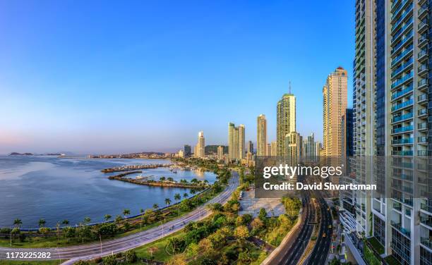 high angle view of panama city skyline in the early morning - panama city, panama. central america - panama city panama foto e immagini stock