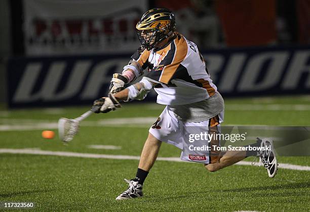 Martin Cahill of the Rochester Rattlers shoots during Major League Lacrosse game action against the Hamilton Nationals on June 25, 2011 at Ron Joyce...