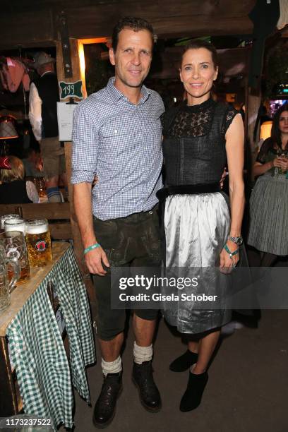 Oliver Bierhoff and his wife Klara Szalantzy during the Oktoberfest 2019 at Kaeferschaenke beer tent at Theresienwiese on October 2, 2019 in Munich,...