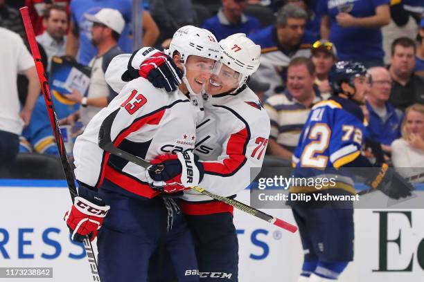 Jakub Vrana of the Washington Capitals celebrates with T.J. Oshie of the Washington Capitals after scoring the game-winning goal against the St....