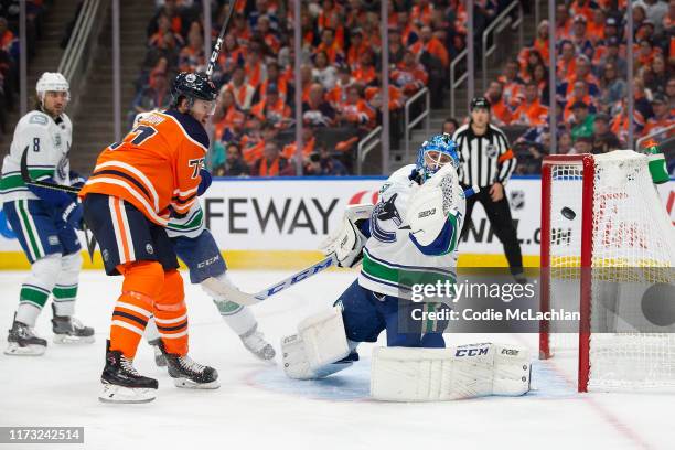 Oscar Klefbom of the Edmonton Oilers can't get past goaltender Jacob Markstrom of the Vancouver Canucks during the second period at Rogers Place on...