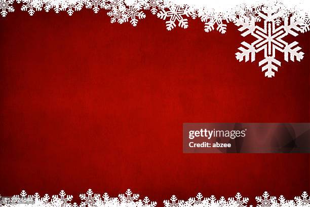 horizontal grungey red background with white snowflake border - snow border stock pictures, royalty-free photos & images