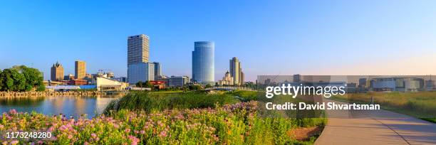 low angle view of milwaukee downtown skyline in the early morning - milwaukee, wisconsin, usa - milwaukee wisconsin skyline day stock pictures, royalty-free photos & images
