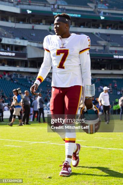 Dwayne Haskins of the Washington Redskins walks off the field after the game against the Philadelphia Eagles at Lincoln Financial Field on September...