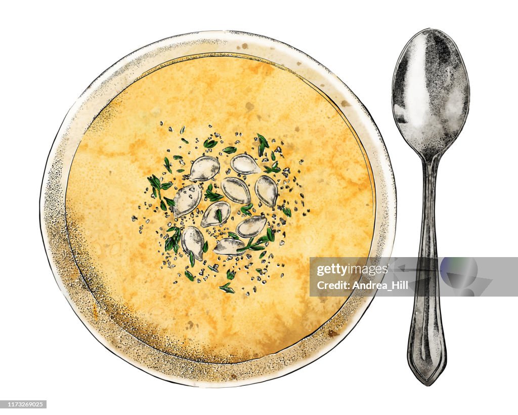 Squash Soup and Spoon Vector Watercolor and Ink Drawing