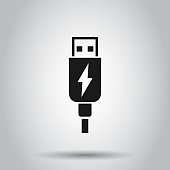 Usb cable icon in flat style. Electric charger vector illustration on isolated background. Battery adapter business concept.