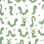 Vector seamless pattern with hand drawn flat funny insects. Cute repeat background with green caterpillars. Sweet creepy-crawly ornament for children’s design, print.