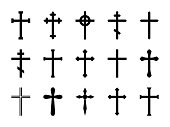 Christian crosses. Catholic, orthodox and celtic cross crucifix. Faith and prayer religious, church sign vector isolated set