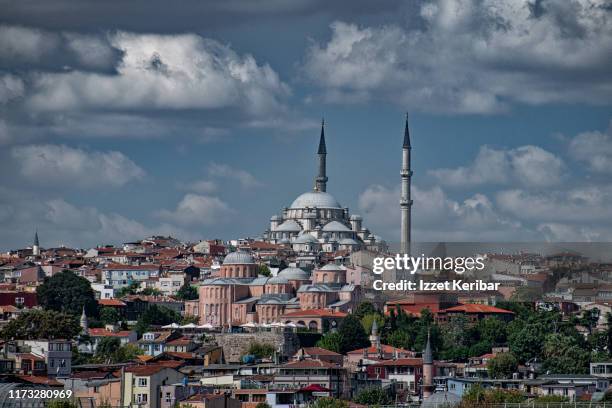 distant image of the fatih mosque and the molla zeyrek ( old pantocrator) mosque, istanbul turkey - fatih mosque stock pictures, royalty-free photos & images