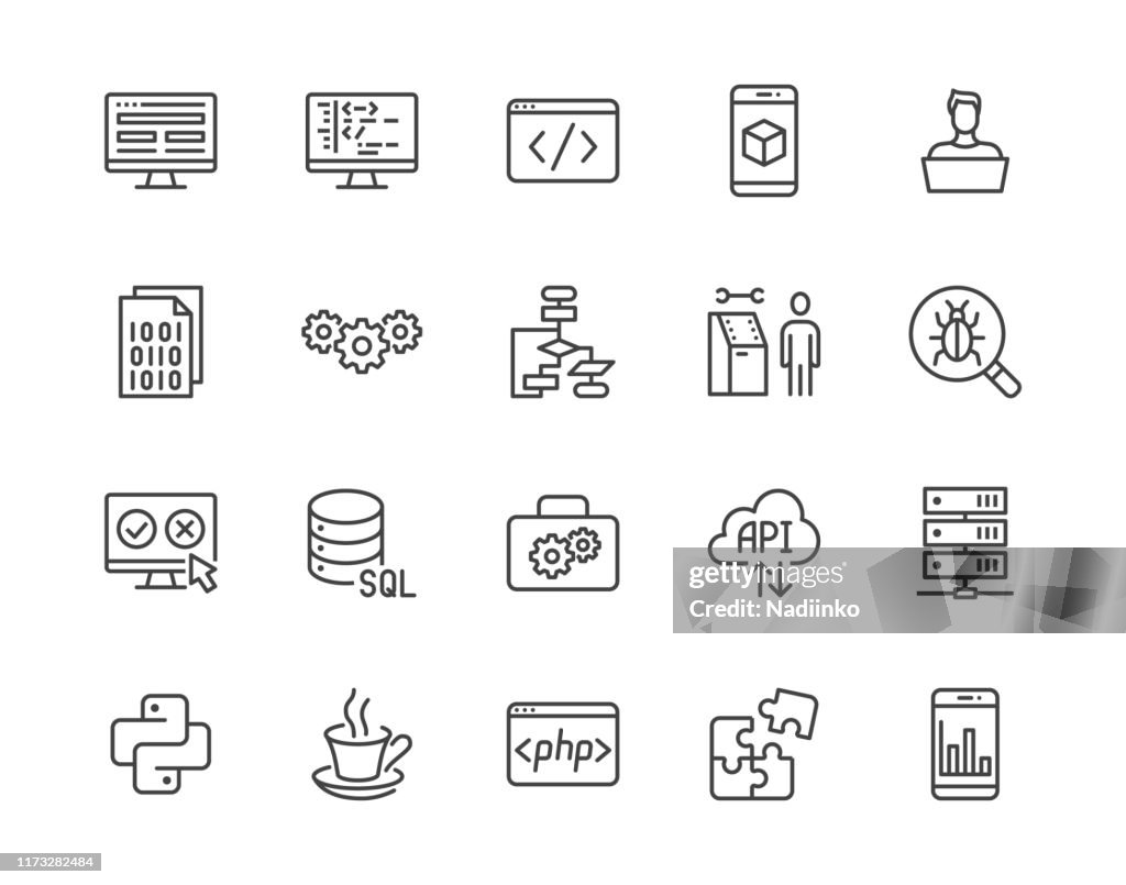 Software development flat line icons set. Programming language, application, api, computer program develop vector illustrations. Outline signs for website design. Pixel perfect 64x64. Editable Stroke