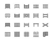 Fence flat line icons set. Wood fencing, metal profiled sheet, wire mesh, crowd control barricades vector illustrations. Outline signs for protection store. Pixel perfect 64x64. Editable Strokes