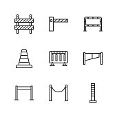 Roadblock flat line icons set. Barrier, crowd control barricades, rope stanchion vector illustrations. Outline signs for pedastrian safety, roadwork. Pixel perfect 64x64. Editable Strokes