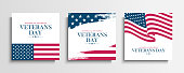 USA Veterans Day greeting cards set with United States national flag. Honoring all who served. United States national holiday.