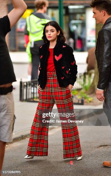 Lucy Hale seen filming on location for 'Katy Keene' on the streets of Brooklyn on October 2, 2019 in New York City.