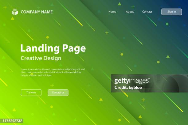 landing page vorlage - abstraktes design mit geometrischen formen - trendy green gradient - meteorstrom stock-grafiken, -clipart, -cartoons und -symbole