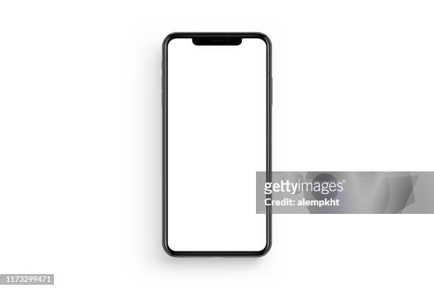 directly above shot of smart phone with blank screen against white background - smartphone stockfoto's en -beelden