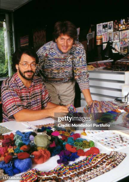 Italian fashion designer Ottavio Missoni and Rosita Jelmini's sons Vittorio and Luca Missoni at the headquarters of Missoni fashion house. Sumirago,...