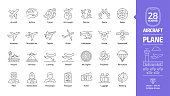 Aircraft outline icon set with flight plane editable stroke symbol: airline, travel, air freight, charter, route, radar, airplane, business jet, military fighter, glider, helicopter, drone, spacecraft