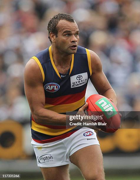 Graham Johncock of the Crows in action during the round 14 AFL match between the Geelong Cats and the Adelaide Crows at Skilled Stadium on June 26,...