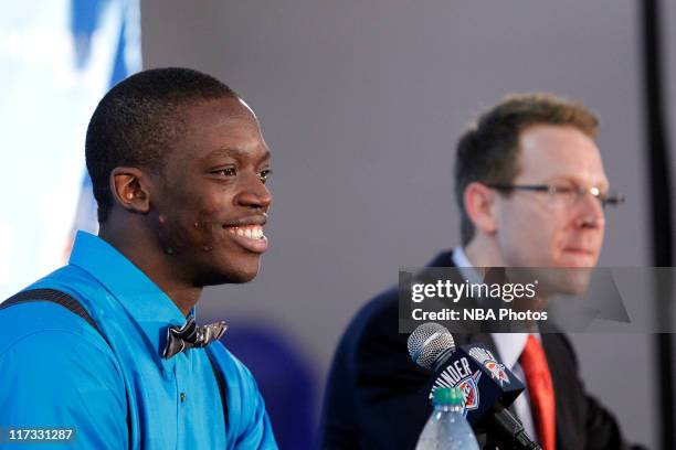 Reggie Jackson, the Oklahoma City Thunder first round draft pick is introduced to the media by Thunder Executive Vice President and General Manager...