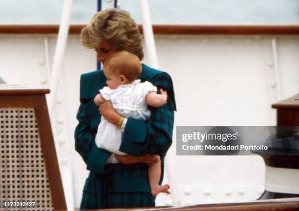 Diana, Princess of Wales and her son Harry during the journey of the heir to the British throne Charles Prince of Wales and his family. Italy, April...