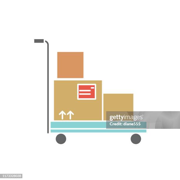 warehouse cart with boxes logistics delivery and transport flat design icon - ecommerce logo stock illustrations