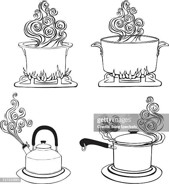 ilustraciones, imágenes clip art, dibujos animados e iconos de stock de cuatro cocina, ollas y sala de vapor - olla hirviendo