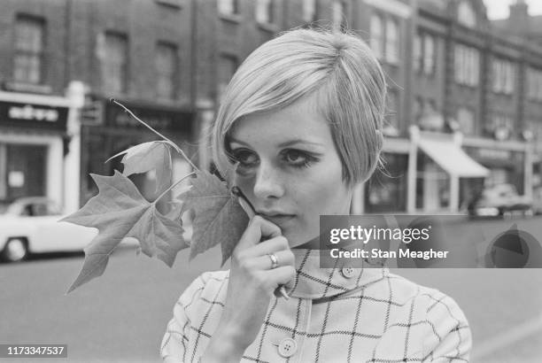 English model, actress, and singer Twiggy holds a maple leaf while standing in the middle of King's Road in Chelsea, London, UK, 13th June 1966.