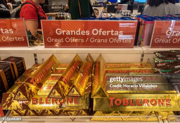 Toblerone chocolates are offered at discount price in the duty free area of Terminal 1 in Barcelona - El Prat Airport on September 08, 2019 in...
