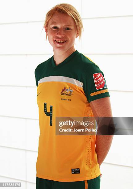 Clare Polkinghorne of the Australian national football team poses during a photo call held at the Hilton hotel on June 25, 2011 in Duesseldorf,...