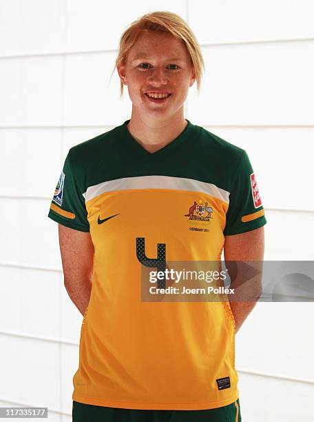 Clare Polkinghorne of the Australian national football team poses during a photo call held at the Hilton hotel on June 25, 2011 in Duesseldorf,...