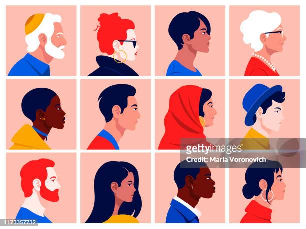A set of people's faces in profile: men, women, young and elderly of different races and nations.