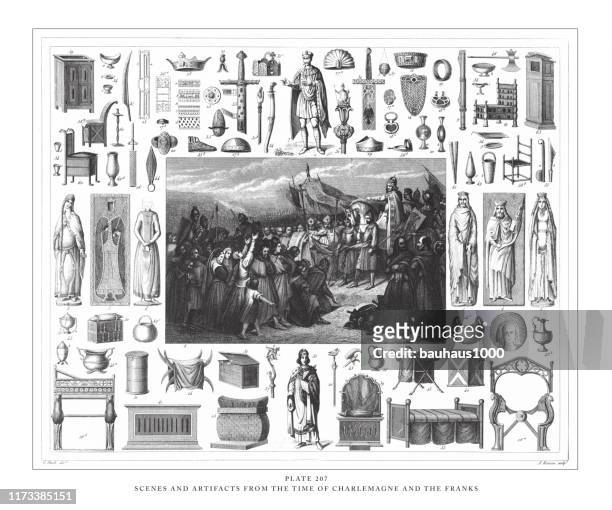 scenes and artifacts from the time of charlemagne and the franks engraving antique illustration, published 1851 - ancient female warriors stock illustrations